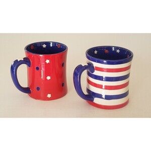 Set 2 Temptations Tara Red White Blue 4th July Mugs Patriotic Stars & Stripes